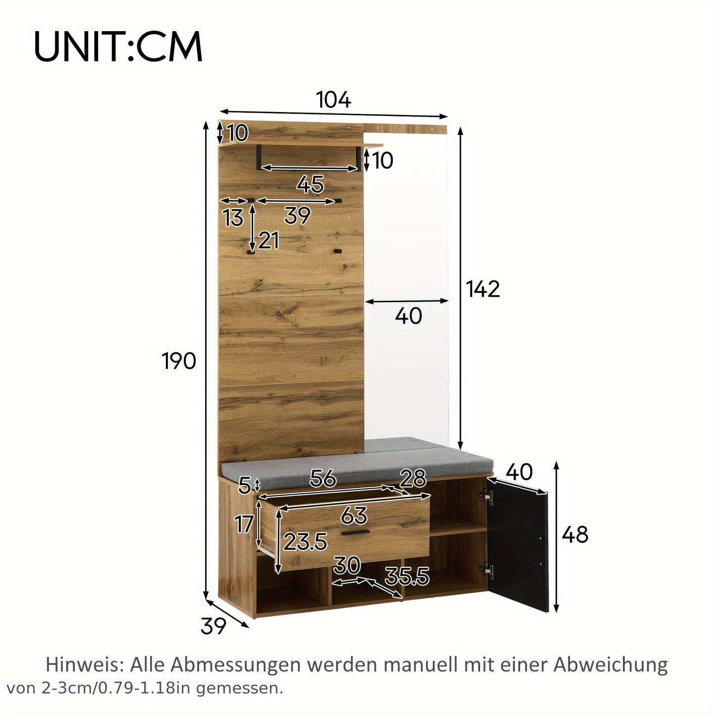Houten Meubelset Hal – Kledingkast – Schoenenbank – Spiegel – Opbergkast – Hardhout Particleboard – Functioneel Zonder Stroom – Ruimtebesparend Design