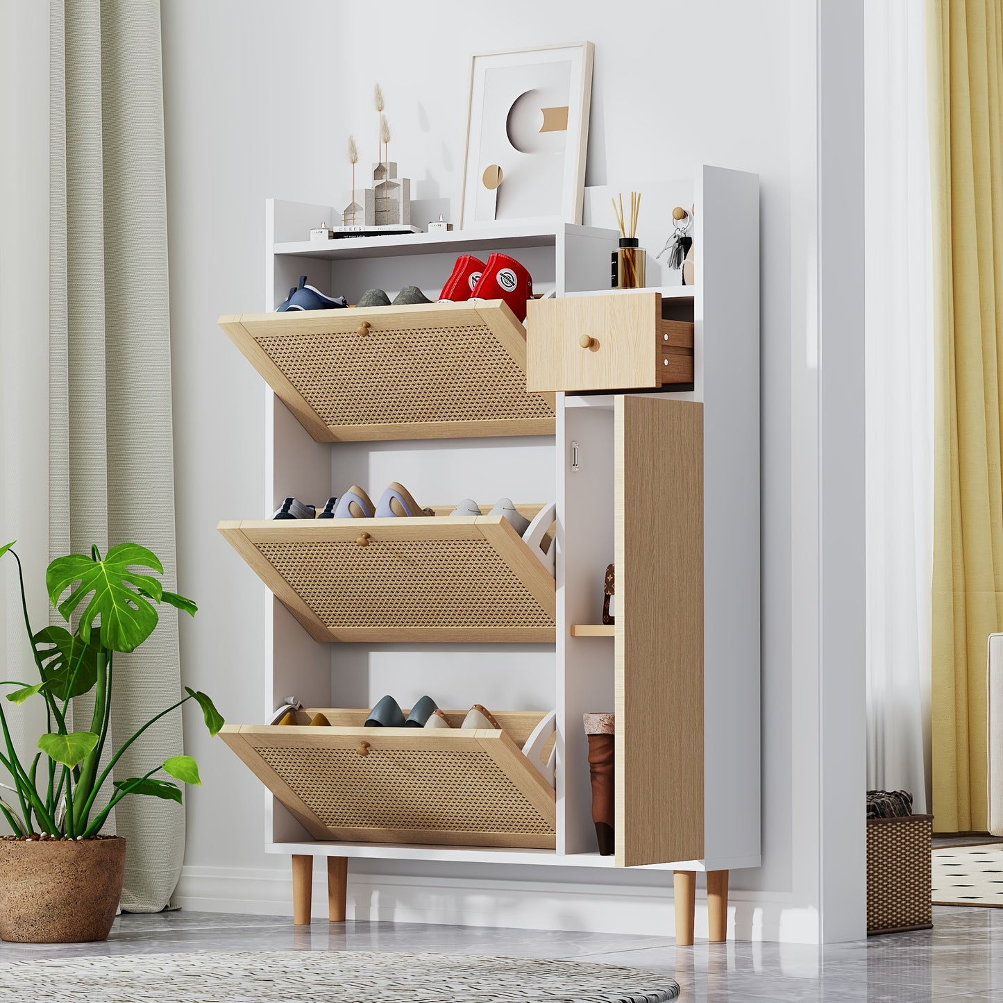Schoenenkast – Schoenenrek – Schoenenopberger – Schoenenmeubel – Schoenenkastje – Smal Design – MDF en Massief Hout – 90x125x17 cm – 3 Kantelbare Deuren en Lade – Natuurlijk Houtlook
