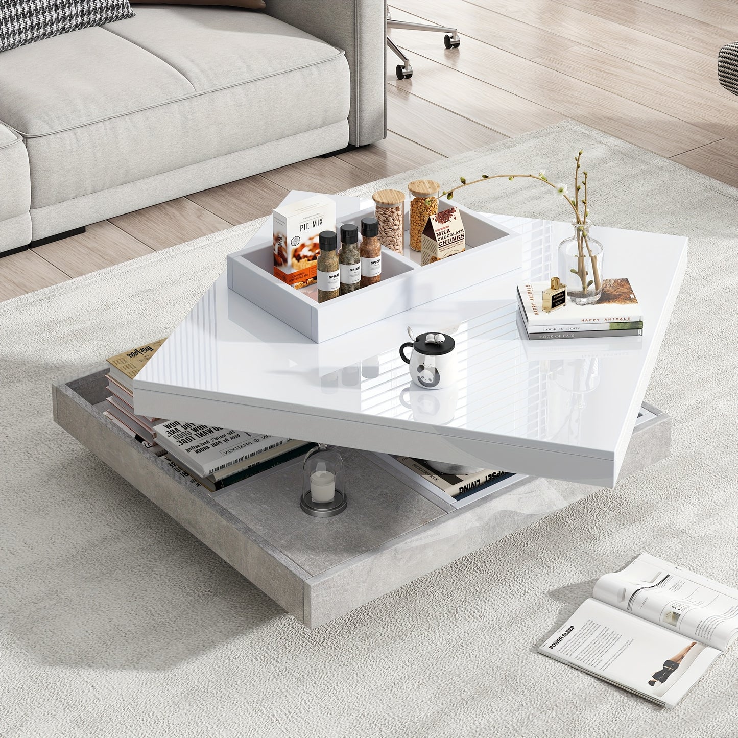 Coffee Table, Functional Double Coffee Table, High-gloss Tabletop Tabletop can be swivelled 360°, Double Swivel Tabletop with Storage Compartment, 70*70*36cm