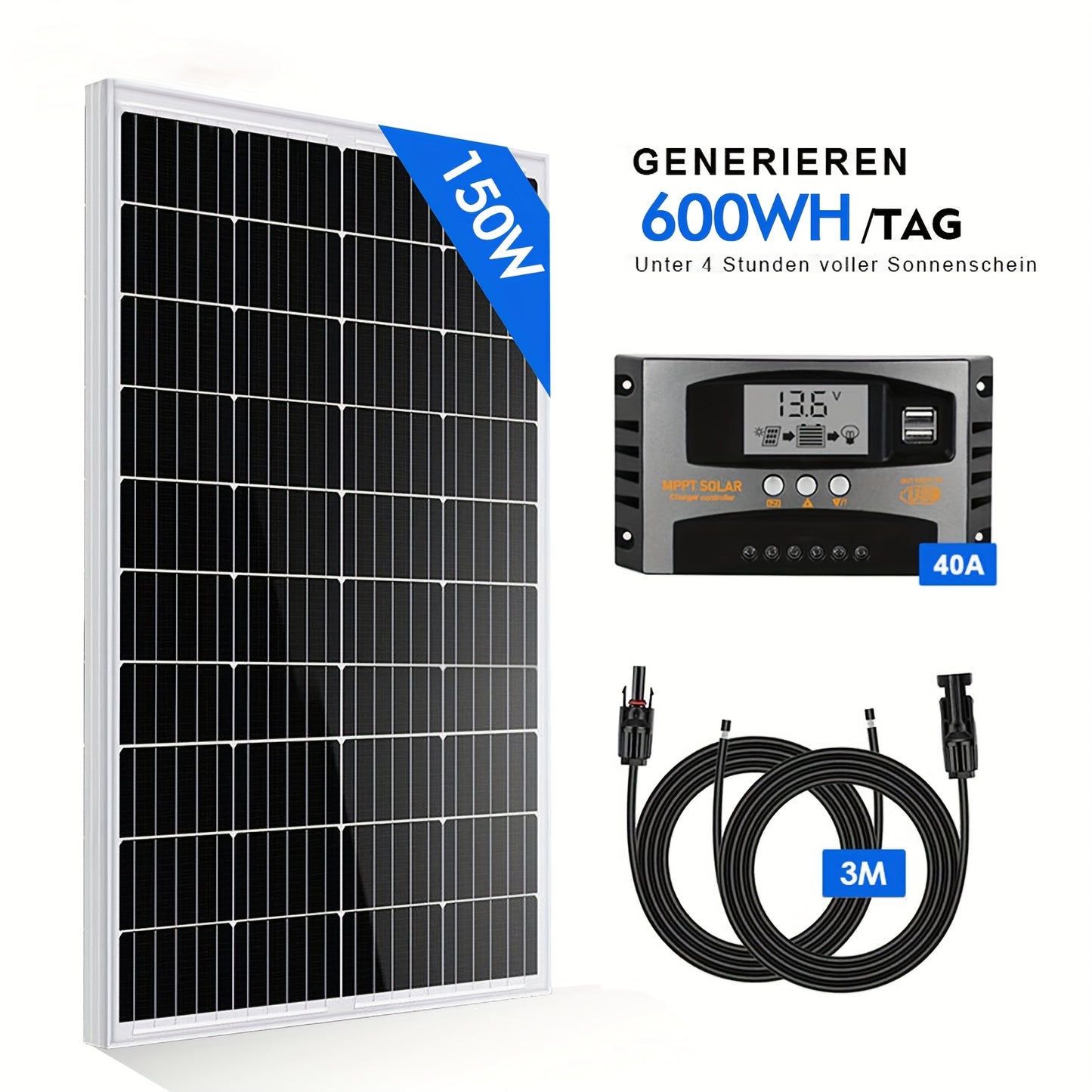 150W Zonnepaneel Set – Zonnecel Module – Zonne-energie Systeem – Off-grid Solar Kit – 12V Solar Panel – Met 40A MPPT Controller – Lichtgewicht Aluminium Frame