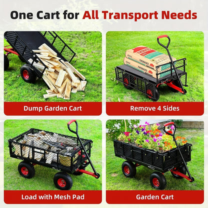 399.16 KG Capacity Heavy Duty Steel Garden Cart with 4 Removable Mesh Sides, 25.4cm All-Terrain Tires & 180° Rotating Handle - Foldable Utility Wagon with Steel Frame, 126.92cm Bed Length, Manual Operation for Lawn Care, Con