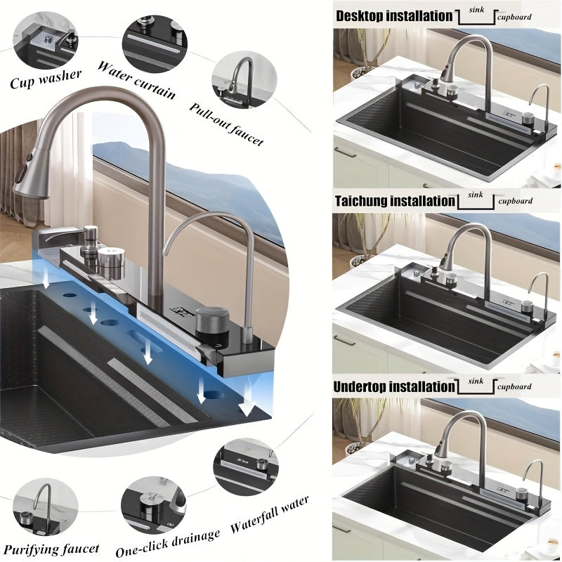 RVS Spoelbak – Keukenspoelbak – Afwasteil – Inbouwspoelbak – Watervalspoelbak – 75x45 cm – Digitale Display – Rechtszijdige Afvoer