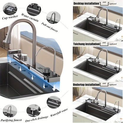 RVS Spoelbak – Keukenspoelbak – Afwasteil – Inbouwspoelbak – Watervalspoelbak – 75x45 cm – Digitale Display – Rechtszijdige Afvoer