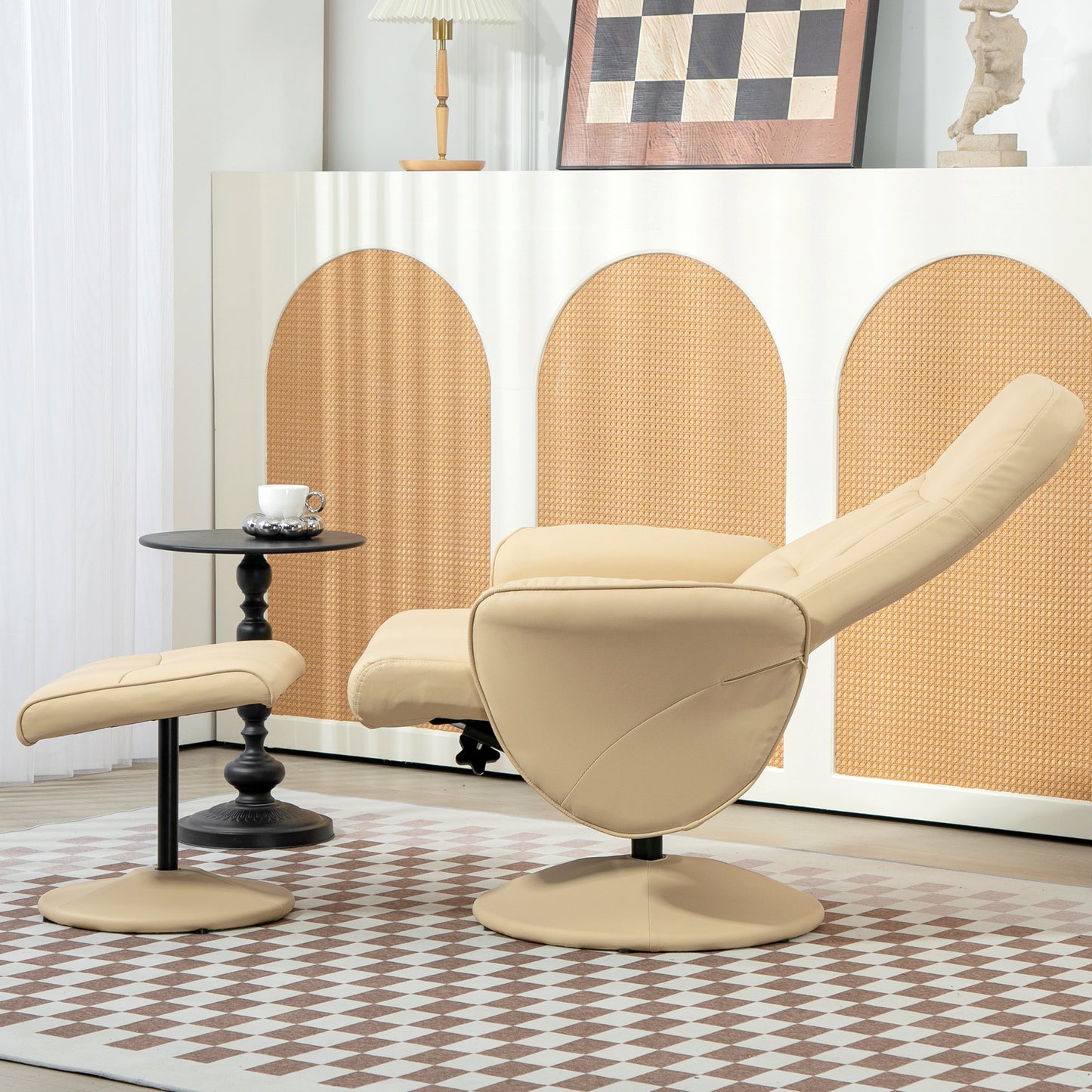Relaxstoel – Relaxfauteuil – Draaifauteuil – Loungestoel – Fauteuil – 360° Draaibaar – Verstelbare Rugleuning Tot 145° – Beige Synthetisch Metalen Frame