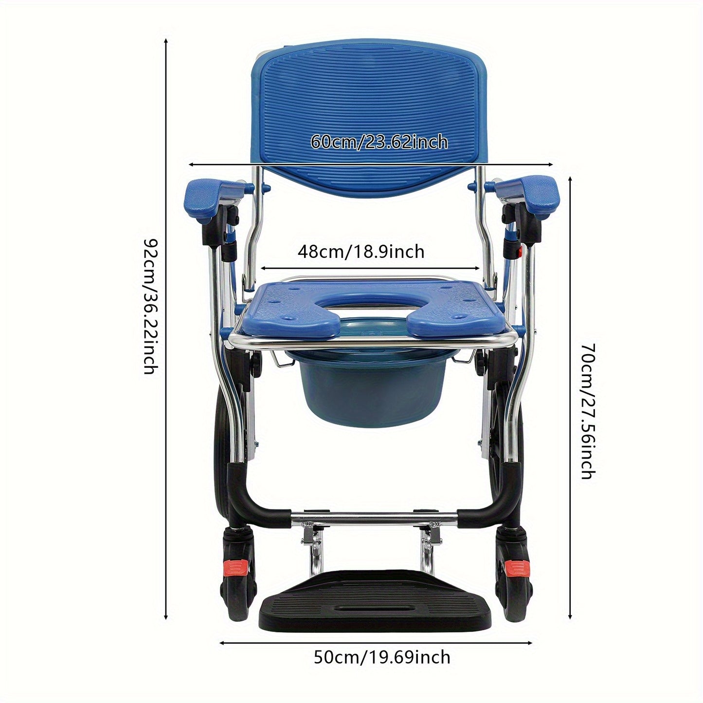 Vouwbare Douchebrancard – Toiletstoel – Rollstoel – Doucherolstoel – Commode Rolstoel – Met Armleuningen en Rugleuning – Sterk Aluminium – Inklapbaar Blauw