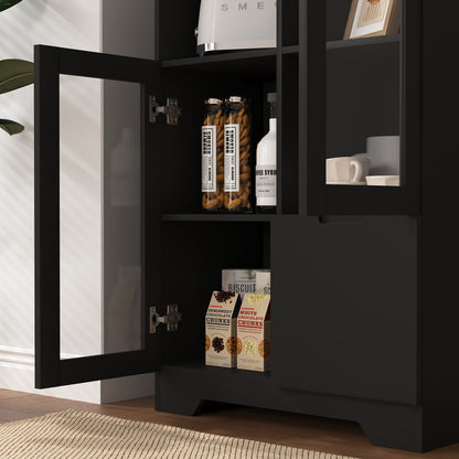 Modern Metal Sideboard Storage Cabinet with Glass Doors & Drawers - Black Freestanding Floor Cabinet, 68.58cm Height, Open & Closed Storage for Living Room, Bedroom, Dining Room, Cabinet Storage, Home Organization, Contempora