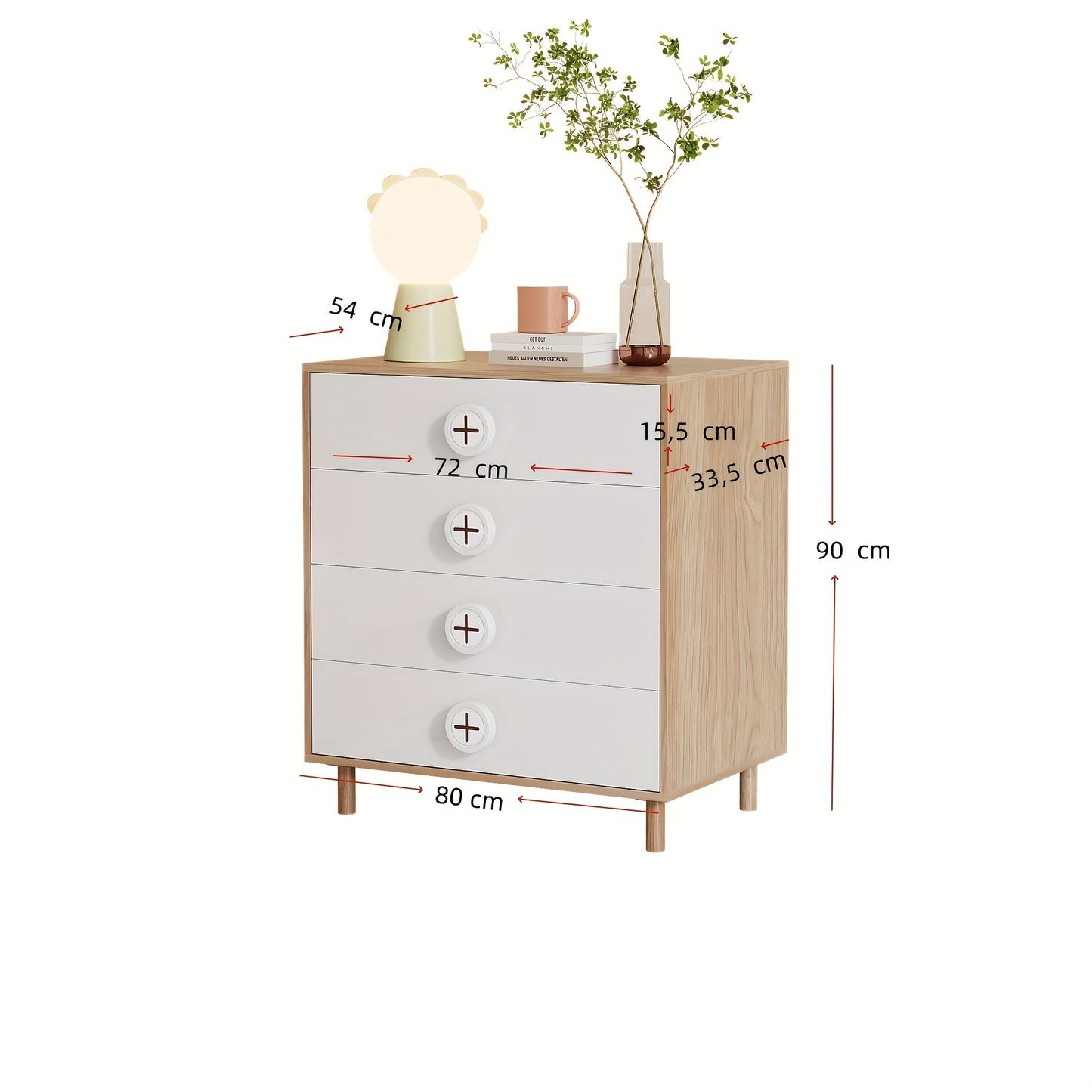White Modern Nightstand with 4-Drawer & Locker Storage - Sturdy Metal Frame & Chipboard Construction, Space-Saving Bedside Cabinet with Open Shelf, Easy Assembly, 31.5" Height, 80x54x90cm, Ideal for Bedroom, 'oom, Small Space
