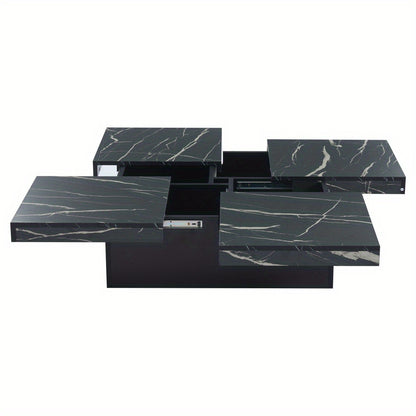 Salontafel – Woonkamertafel – Koffietafel – Bijzettafel – Tafel – Zwart Modern Vierkant – Marmerlook Blad – 90x90x25 cm – Vier Lades & Schuifblad – Max. Belastbaar 30 kg