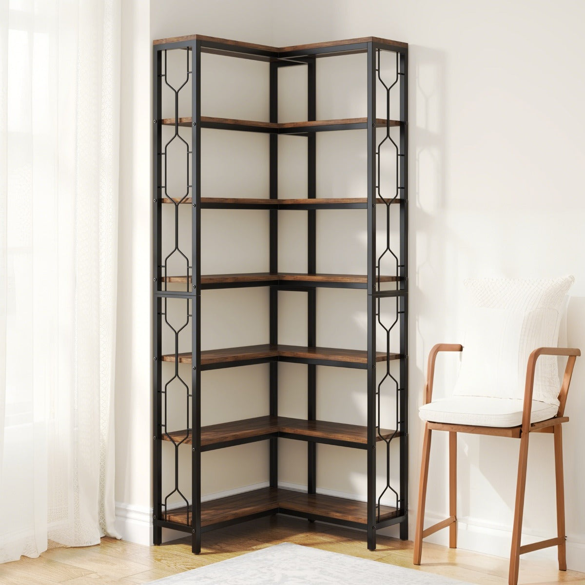 Hoekplank – Hoekrek – Boekenkast – Wandplank – Opbergkast – 7 Schappen – Hardhouten Frame Met Metalen Accenten – Eenvoudige Montage