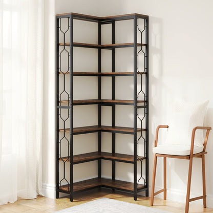 Hoekplank – Hoekrek – Boekenkast – Wandplank – Opbergkast – 7 Schappen – Hardhouten Frame Met Metalen Accenten – Eenvoudige Montage