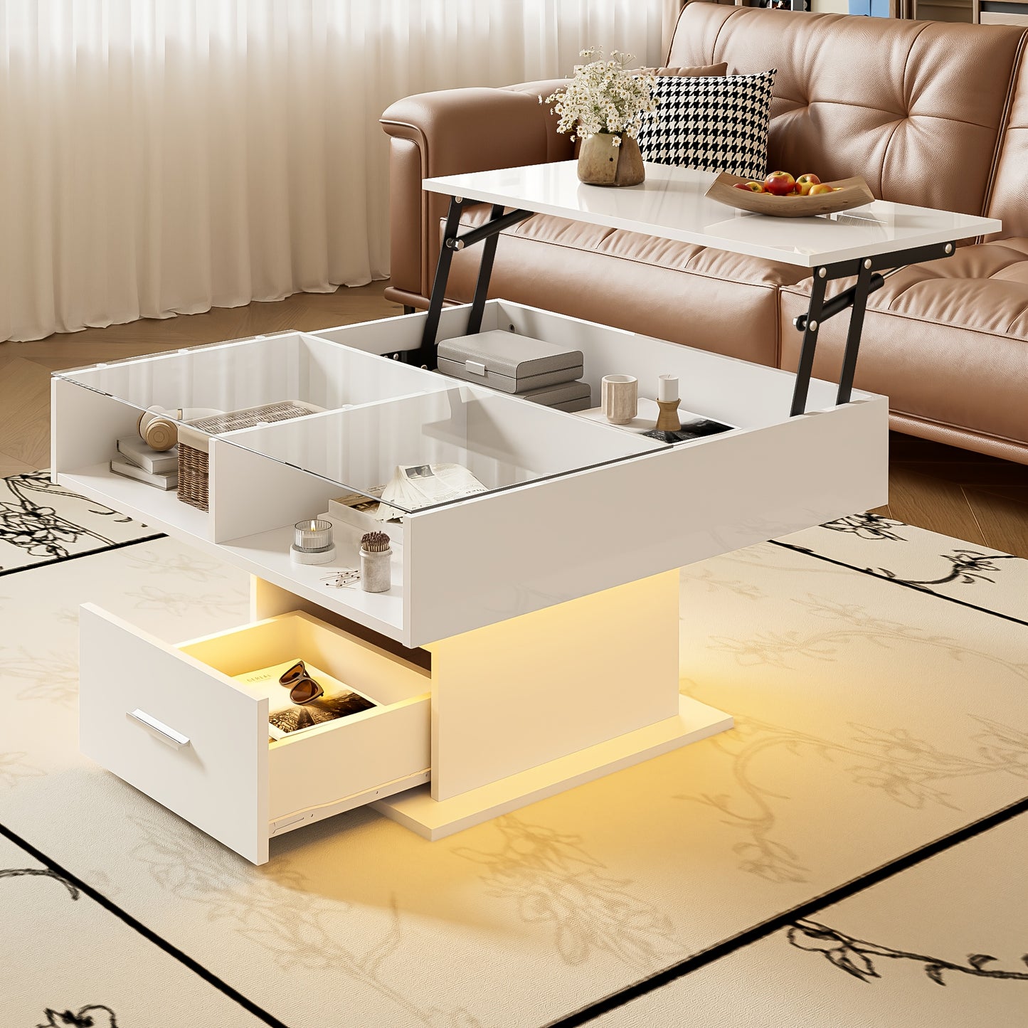 Salontafel – Koffietafel – Bijzettafel – Woonkamertafel – Tafel – Verstelbaar Hoogte – Met Lift-Top & Opbergruimte – Zwart Stalen Frame
