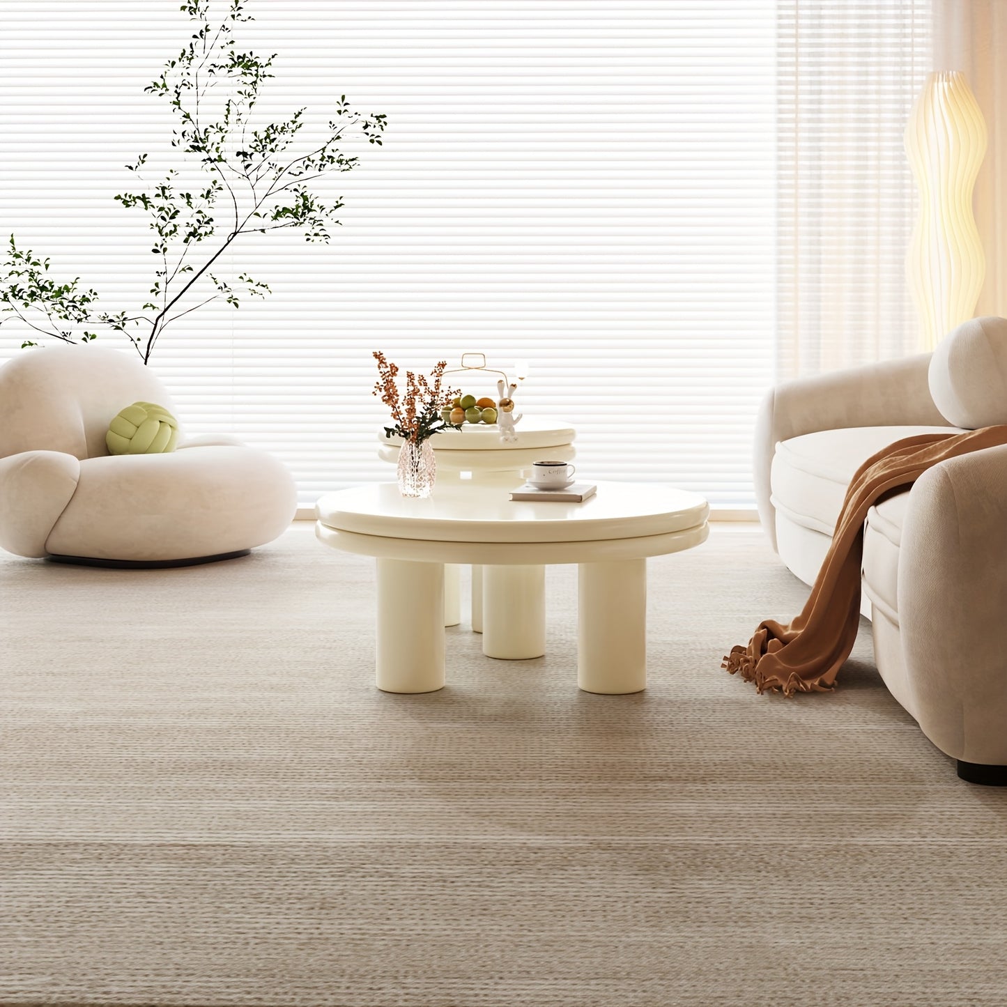 Theetafel – Salontafel – Bijzettafel – Koffietafel – Woonkamertafel – Moderne 2-delige Set – Dubbel Laags Ronde Tafelblad – Crème Wit – Ruimtebesparend & Eenvoudig Te Monteren