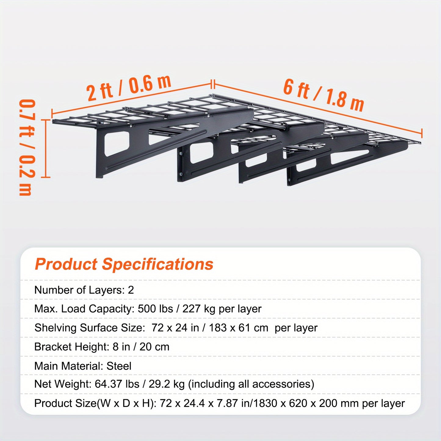 Wandplanken Garage – Wandrek – Muurplank – Opslagplank – Stelling – 2 Stuks 182,88x60,96 cm – Draagkracht 453,59 kg – Stalen Metalen Planken