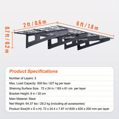Wandplanken Garage – Wandrek – Muurplank – Opslagplank – Stelling – 2 Stuks 182,88x60,96 cm – Draagkracht 453,59 kg – Stalen Metalen Planken