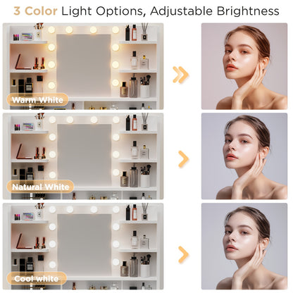 Kaptafel – Make-up Tafel – Dressing Table – Cosmeticatafel – Spiegeltafel – Wit – LED Verlichting Met Instelbare Helderheid – Opberglades En Open Vakken