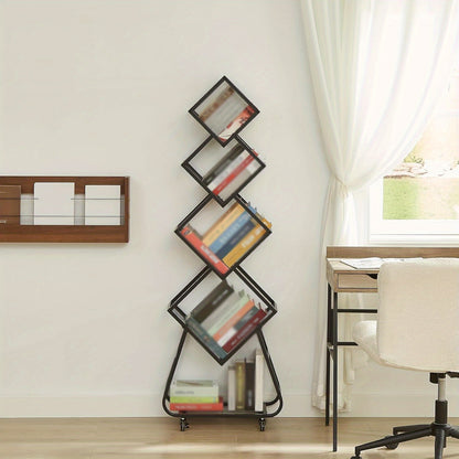 Boekenkast – Boekenrek – Opbergkast – Smalle Boekenkast – DVD Rek – Metaal – 5 Lagen – Verrijdbaar – 53,8x21,8x152,9 cm – Zwart