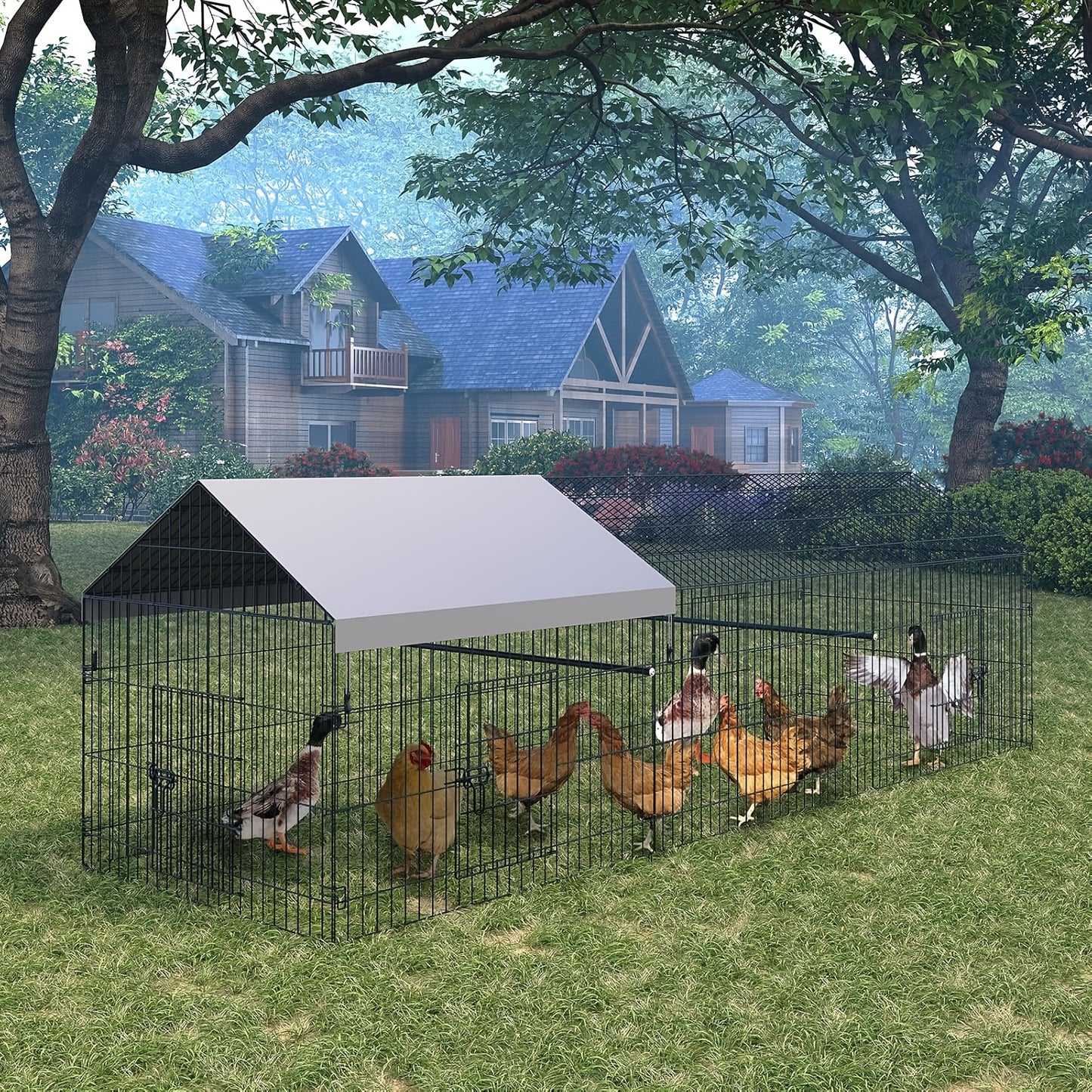Kippenren – Buitenren – Kippenhok – Pluimveebak – Dierenren – 330x102x102 cm – Stevig Metaal – Weerbestendige Halfopen Overkapping