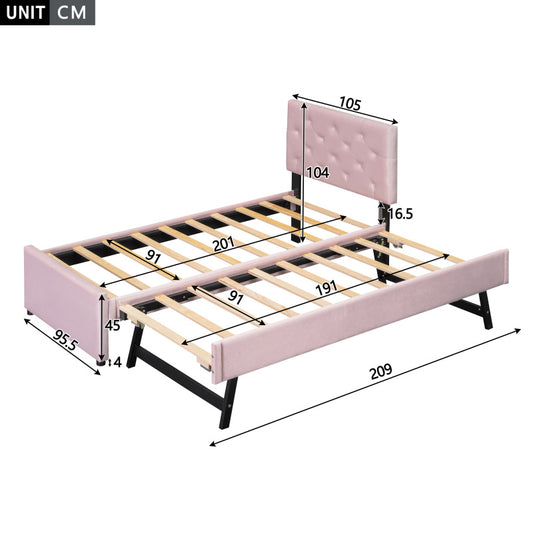 Bedbank – Slaapbank – Bed – Eenpersoonsbed – Logeerbed – Gestoffeerd – 90x200 cm – Lattenbodem – Roze Fluweel – Zonder Matras – Met Roll-Container