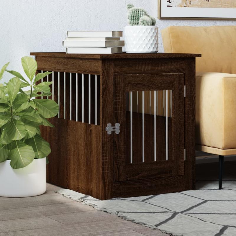 Modern Wood Dog Cage in Furniture Style - White/Brown Oak Look Wood & Polypropylene Frame, Removable Panels, Easy Assembly, Spacious Kennel for Medium Dogs (55x75x65cm) - /Outdoor Use, Hidden Door Design Pet Pen