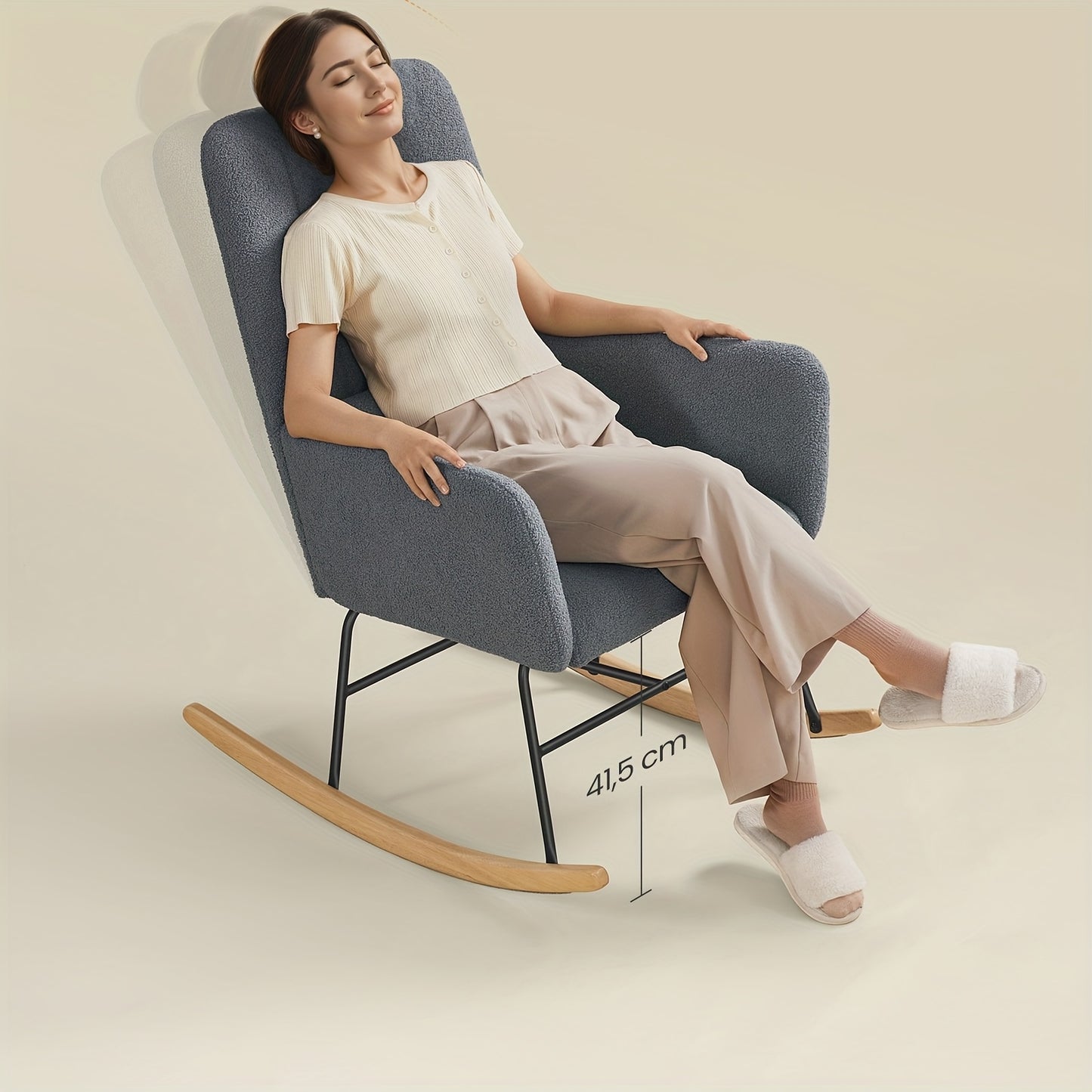 Schommelstoel – Relaxstoel – Fauteuil – Loungestoel – Zitzak – Met Armleuningen – Fleece Bekleding – Stalen Frame Met Rubberen Houten Poten – Max. Draagkracht 160 kg