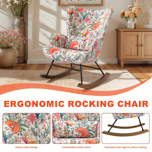 Bohemien Bloemen Schommelstoel – Hoge Rugleuning met Lendensteun, Ergonomisch Ontwerp op Soepele Schommelbasis – Stevig Staal- & Houtframe, Eenvoudige Montage – Lounge-stoelen voor Woonkamer of Slaapkamer