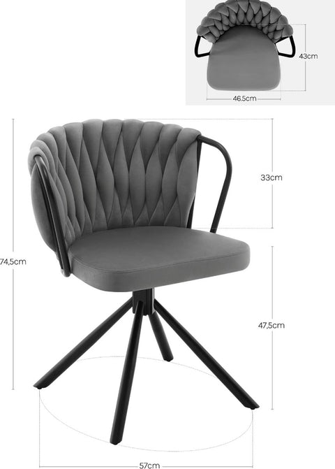 Eetkamerstoel - Set van 2 stoelen - Fluweel eetkamer stoel - Eettafel stoel - Fauteuil - Velvet - Armleuning - Draaibaar - Zwarte Poot - Grijs