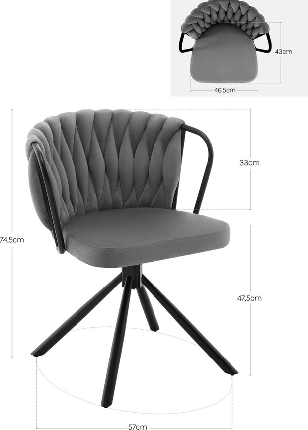 Eetkamerstoel - Set van 2 stoelen - Fluweel eetkamer stoel - Eettafel stoel - Fauteuil - Velvet - Armleuning - Draaibaar - Zwarte Poot - Grijs