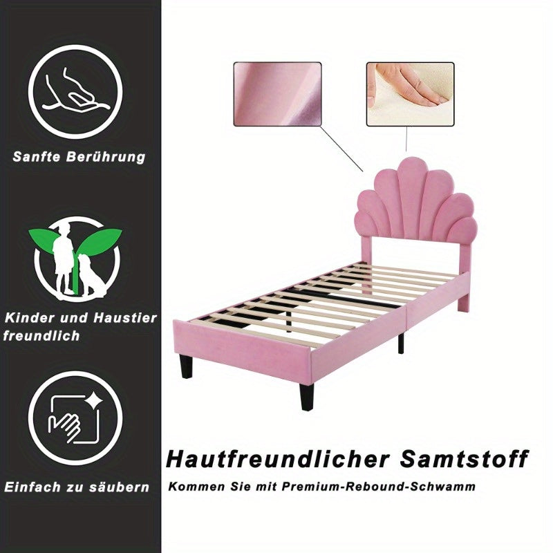 Meisjesbed 90x200 cm – Jongensbed – Kinderbed – Teenbed – Logeerbed – Roze Fluweel Gevoerd – Bloemvormige Rugleuning – Lattenbodem