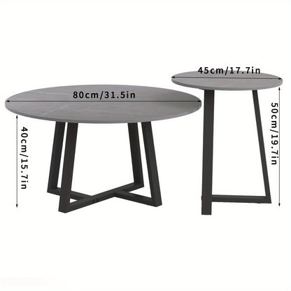 Bijzettafels – Salontafels – Side Tables – Tafeltjes – Nachtkastjes – Set Van 2 Ronde Tafels Zwart – Marmerlook Gesinterd Steen – Zwart Metaalframe