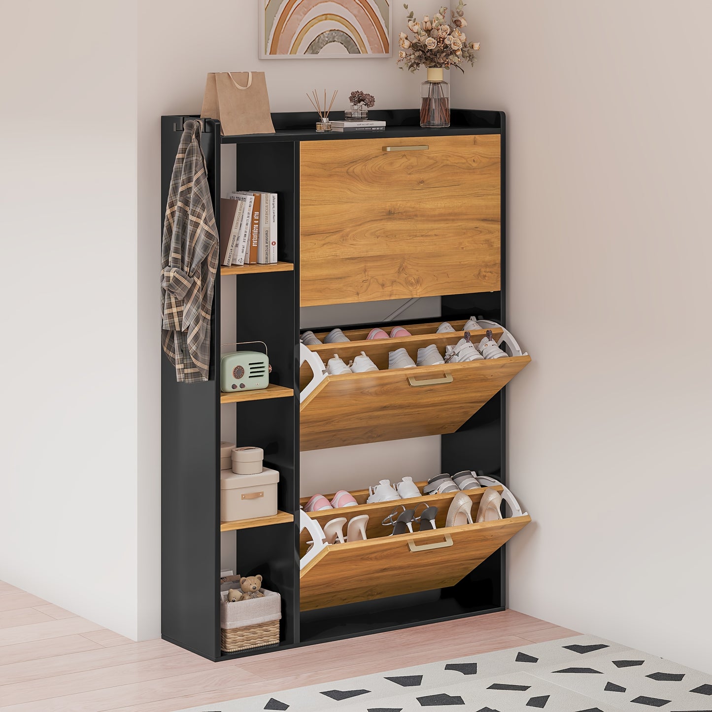 3-Deurs Schoenenkast – Smalle Schoenenopberger – Schoenenrek – Schoenenkast – Halmeubel – Hardhouten Materiaal – Anti-Kantelmechanisme – Mat Zwarte Afwerking