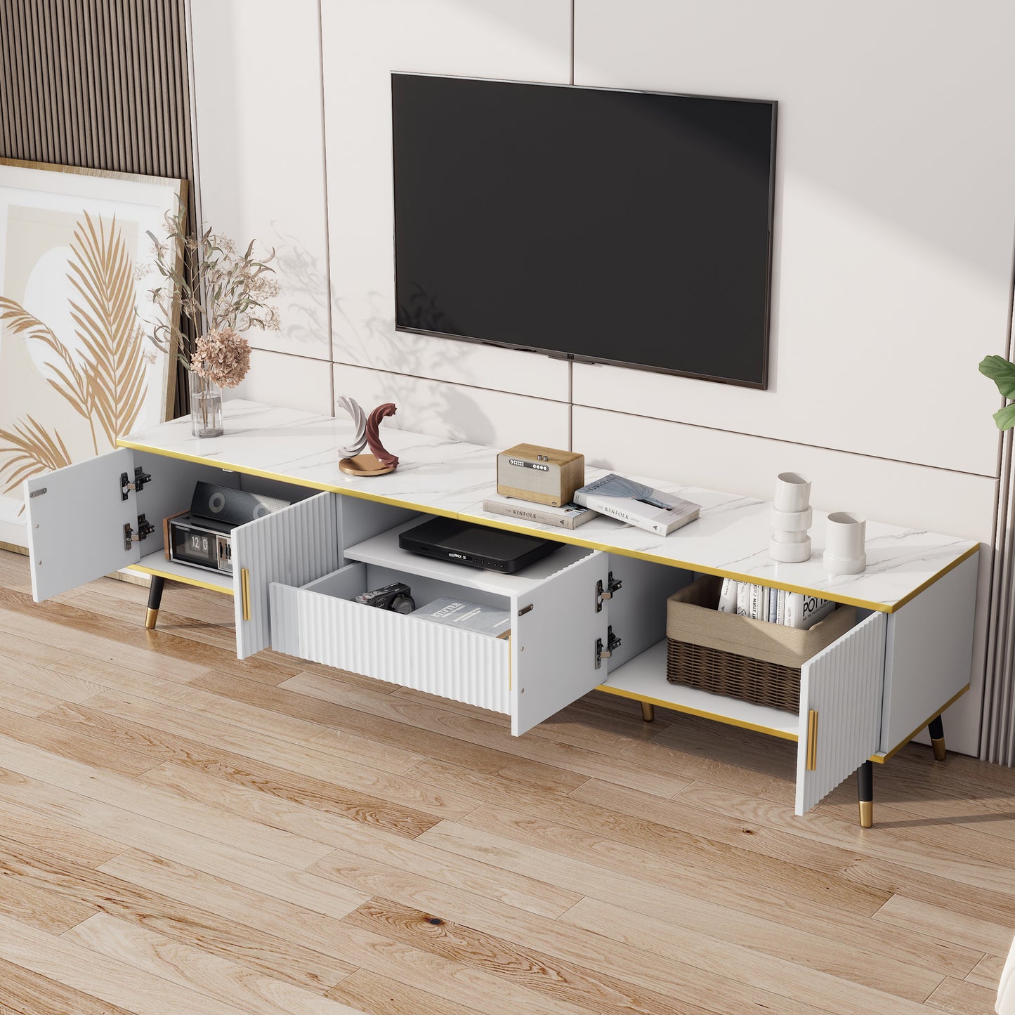 BTM Tv-Lowboard 200×40×46 Cm, Modern TV Board in White with Marble Optic, TV Table / TV Cabinet / TV Furniture for Tvs Up to 90 Inches, Living Room Furniture with Doors, Drawer & Open Shelf