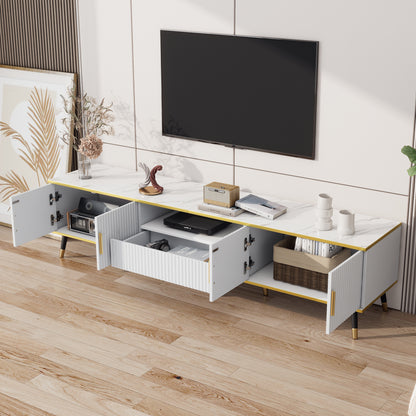 BTM Tv-Lowboard 200×40×46 Cm, Modern TV Board in White with Marble Optic, TV Table / TV Cabinet / TV Furniture for Tvs Up to 90 Inches, Living Room Furniture with Doors, Drawer & Open Shelf