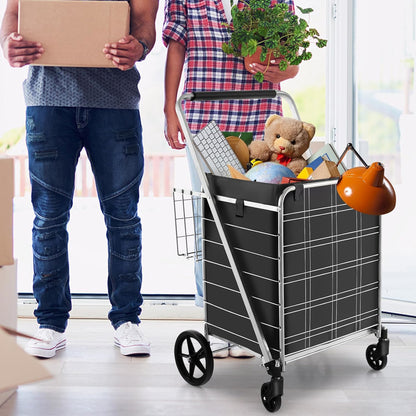 Boodschappenwagen – Boodschappentrolley – Winkelwagen – Boodschappenkar – Steekwagen – Roestvrijstalen Frame – 150 kg Draagkracht – Opvouwbaar – Dubbele Manden – 125 Liter