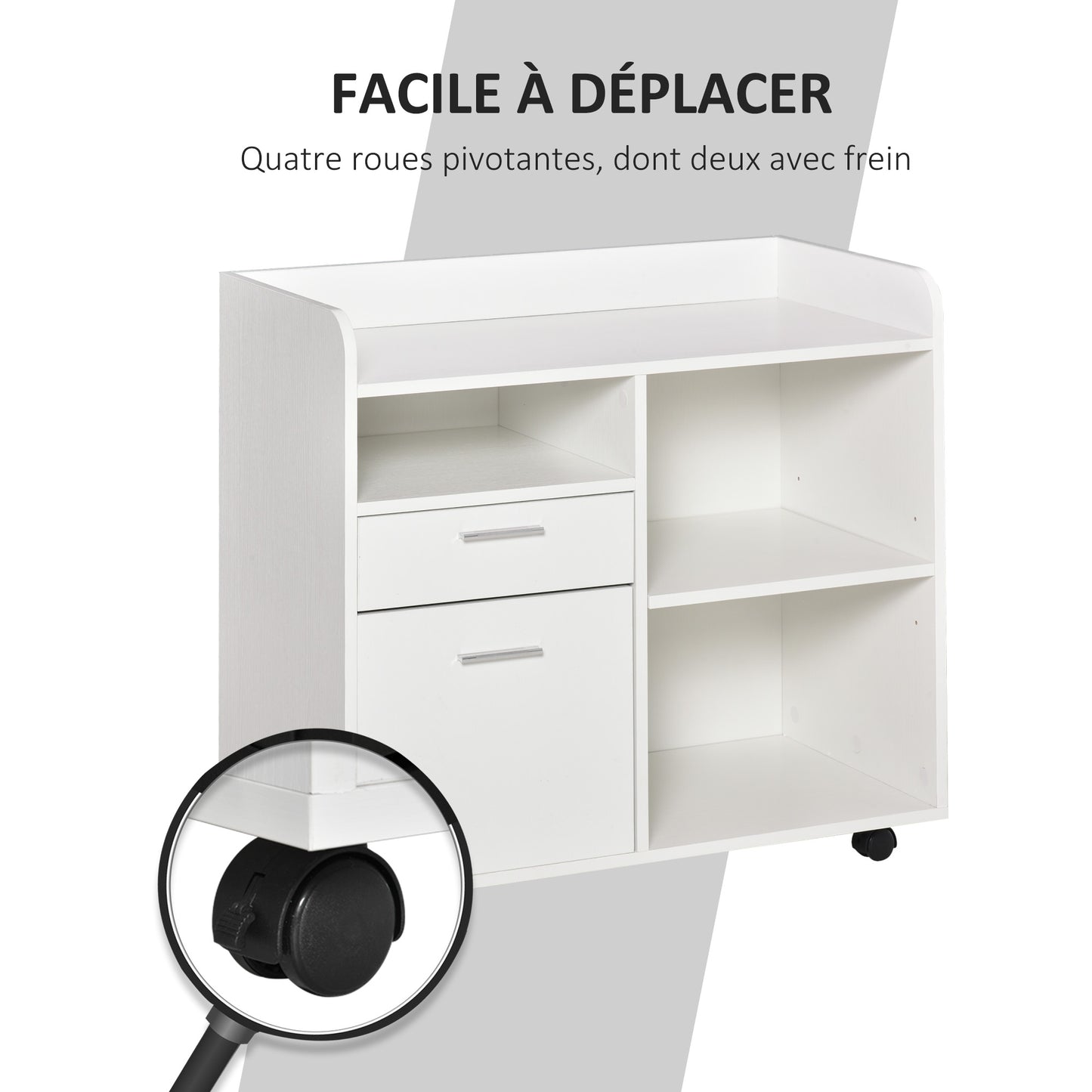 Bureau Organizer – Pennenbakje – Documentenbak – Opberglade – Printerstandaard – Wit Hout – Verstelbare Plank – Mobiele Zwenkwieltjes