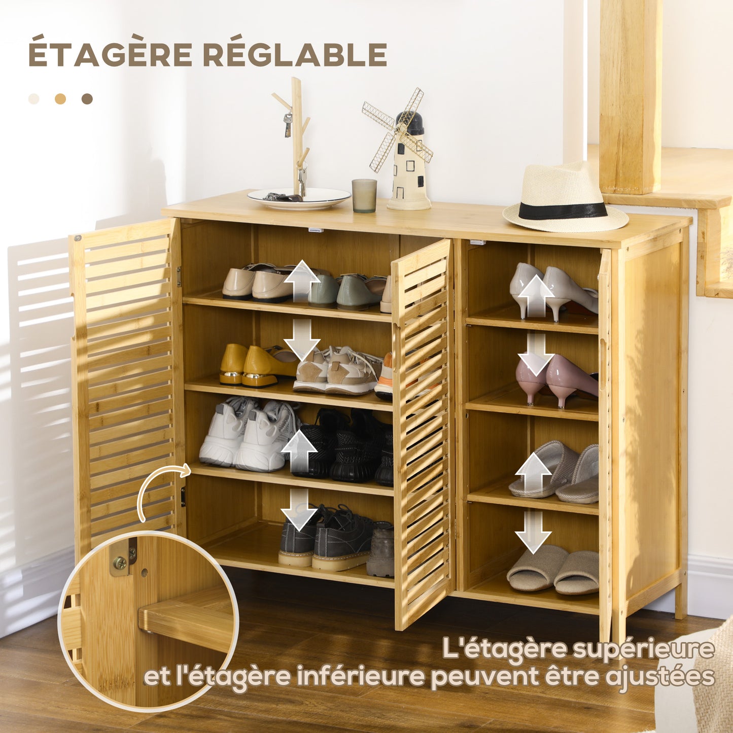 Schoenenkastje – Schoenopberger – Schoenrek – Schoenenkast – Schoenmeubel – Natuurlijk Hout – 3 Deuren Met Verstelbare Planken – Compact 100x35x80 Cm