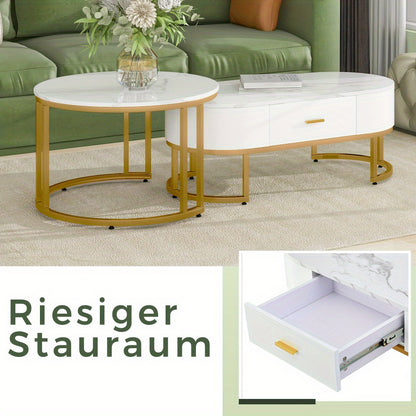 Salontafel – Bijzettafel – Koffietafel – Tafeltje – Nesting tafel – Set van 2 – Metalen Gouden Frame – Wit Tafelblad – Modern Design