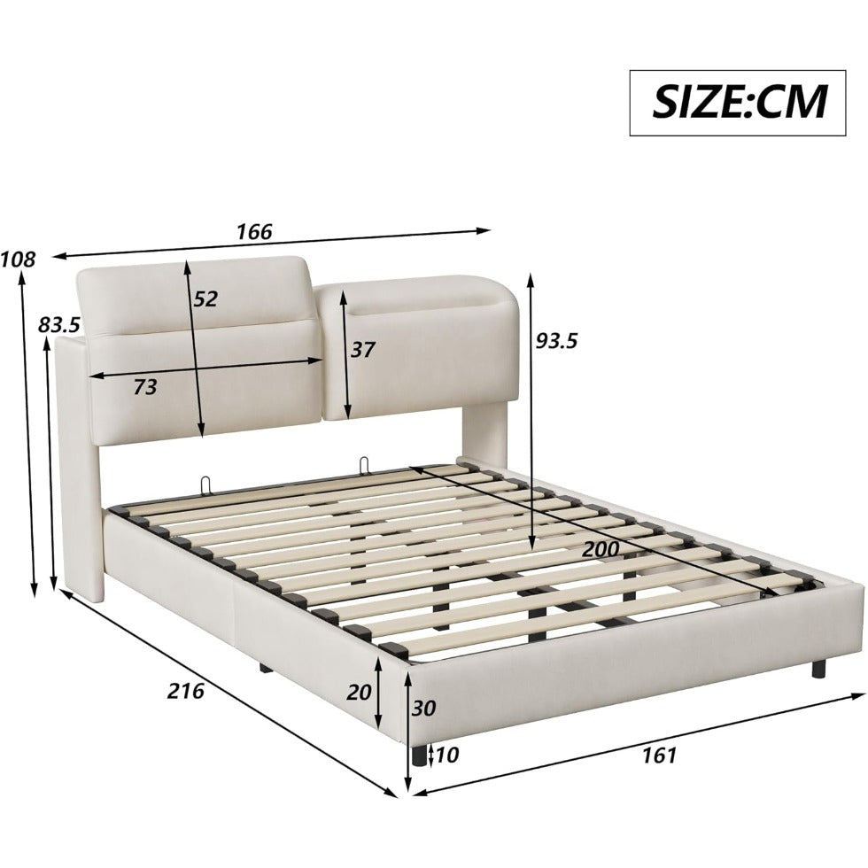 Tweepersoonsbed – Bed – Slaapbank – Opbergbed – Boxspring – 160x200 cm – Fluwelen Hoofdbord – Ingebouwde LED-Verlichting en USB Oplaadpoorten