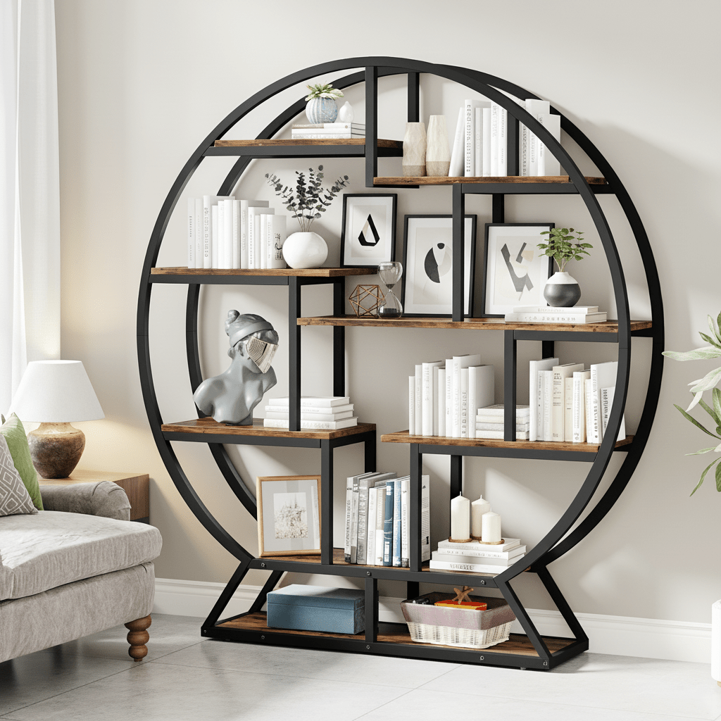 Ronde Boekenkast – Boekenplank – Boekenkast – Opbergkast – Displaykast – Rustic Brown – Ruimtebesparend Circulair Design – Stevige Houten Constructie met Zwart Metaallook