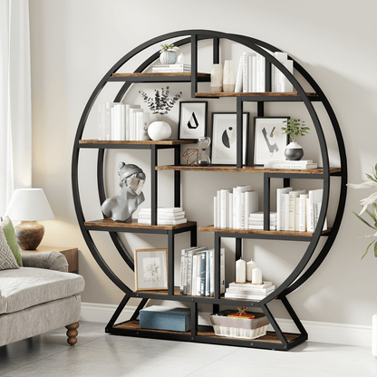 Ronde Boekenkast – Boekenplank – Boekenkast – Opbergkast – Displaykast – Rustic Brown – Ruimtebesparend Circulair Design – Stevige Houten Constructie met Zwart Metaallook