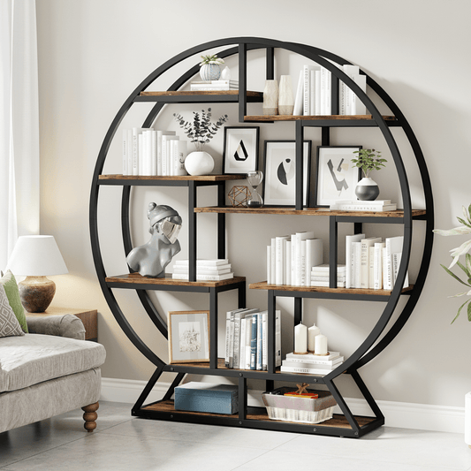 Ronde Boekenkast – Boekenplank – Boekenkast – Opbergkast – Displaykast – Rustic Brown – Ruimtebesparend Circulair Design – Stevige Houten Constructie met Zwart Metaallook