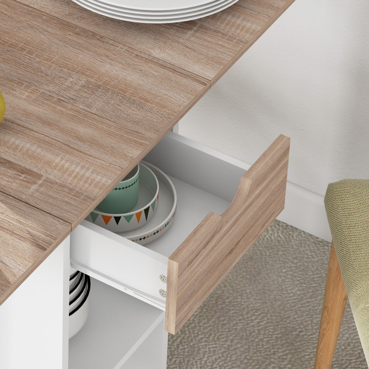 Uitschuifbare Eettafel – Inklapbare Tafel – Keukentafel – Uitklapbare Tafel – Compacte Eettafel – Modern Design – Ruimtebesparend Met Lade – Eikenhout Look