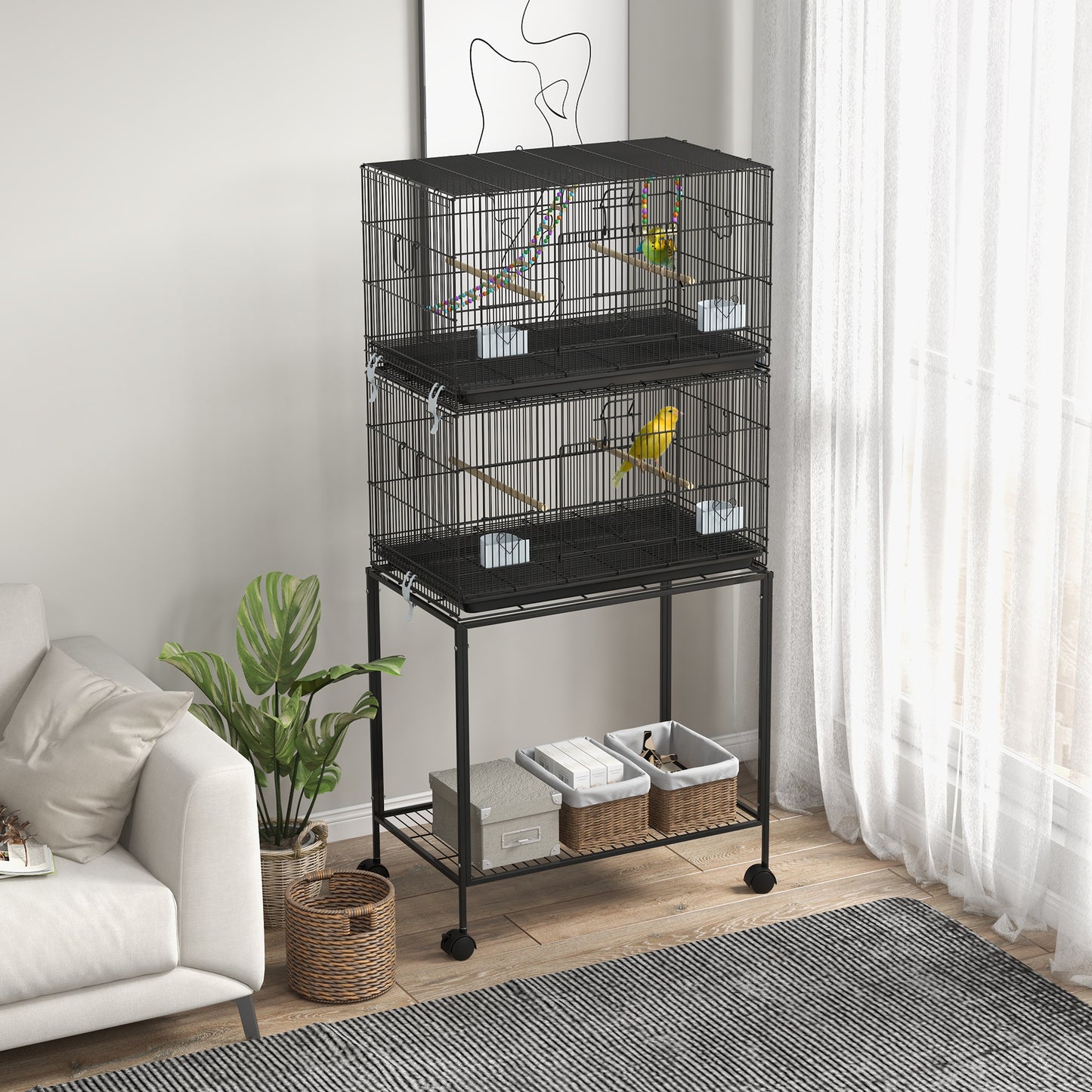 Vogelkooi – Vogelverblijf – Vogelhuis – Vogelkast – Vogelren – Dubbele Kooi Met Standaard – Verwijderbare Bak – Robuust Stalen Frame – Wieltjes Met Remmen – 77L x 46W x 164H cm – Zwarte Kleur