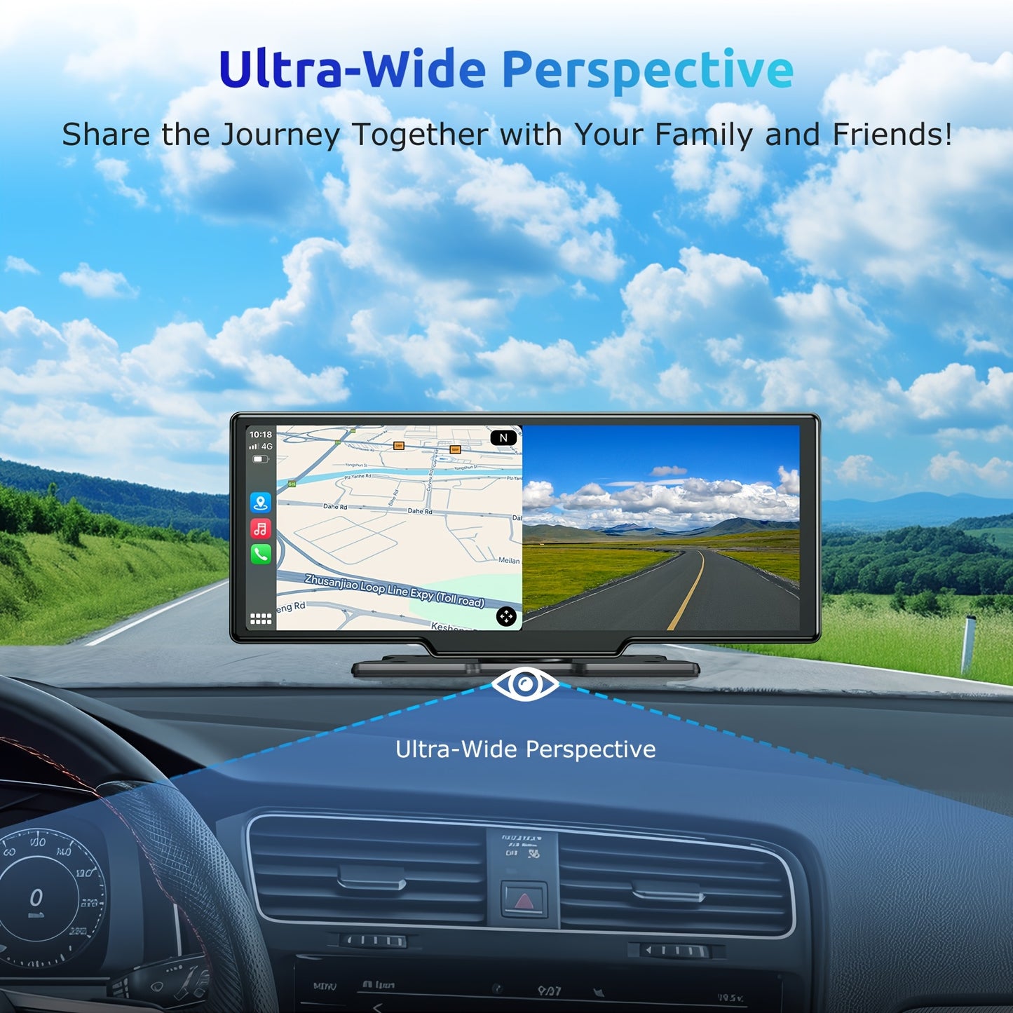 Dashcam – Auto Camera – Multimediasysteem – Recorder – Achteruitrijcamera – 10,26 Inch IPS Touchscreen – 4K Voorcamera & 1080p Achtercamera – Draadloze CarPlay & Android Auto – 64GB Geheugenkaart