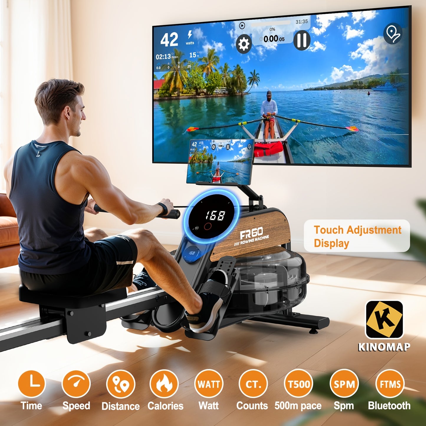 1 VOWVIT 28L Water Tank Rowing Machine for Home | With LED Monitor, Adjustable Tablet Holder, Aluminum Alloy, Max User Height 200 cm, Without Battery
