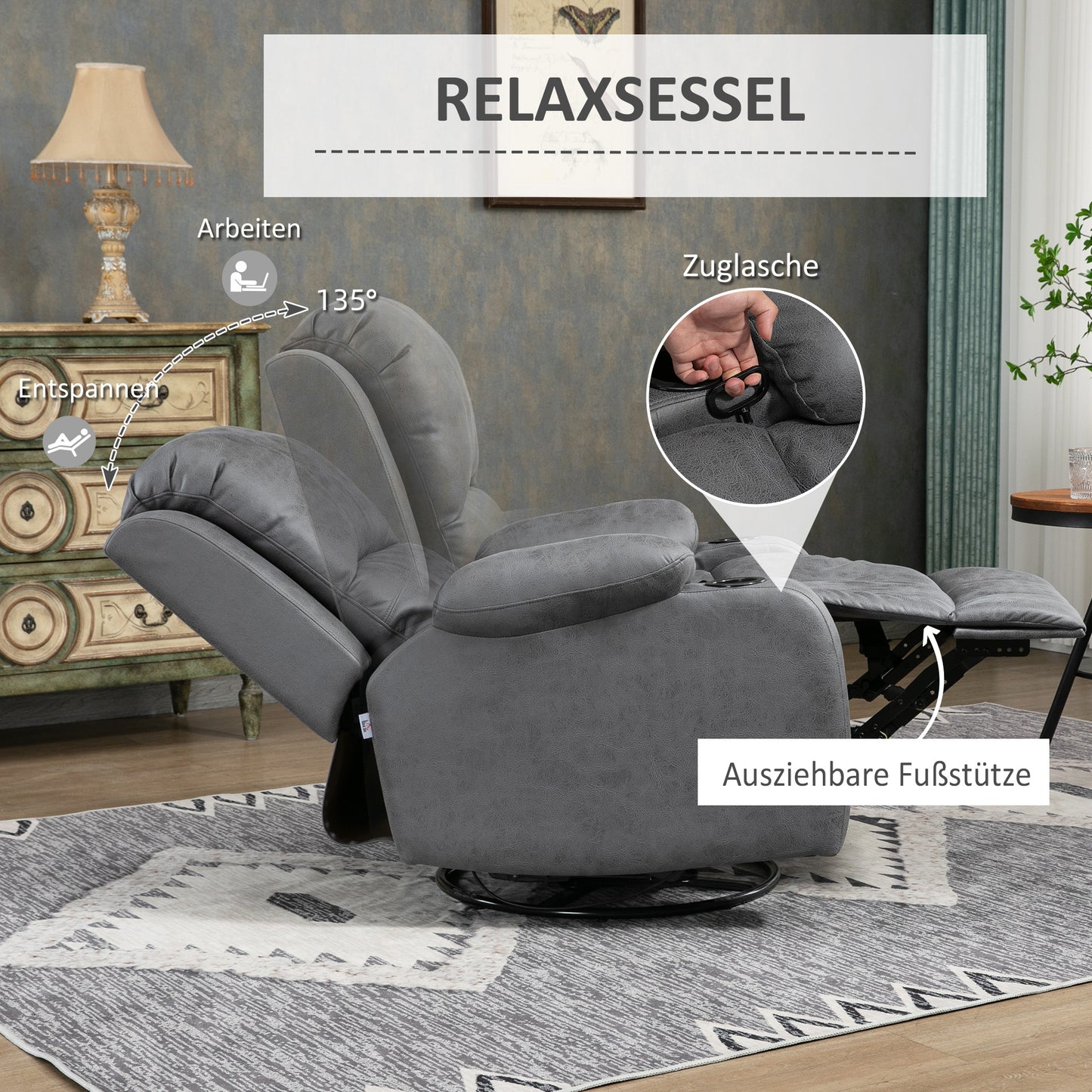 Relaxfauteuil – Fauteuil – Relaxstoel – Draaifauteuil – Schommelstoel – Grijs Microvezel – Verstelbare Rugleuning en Draaifunctie