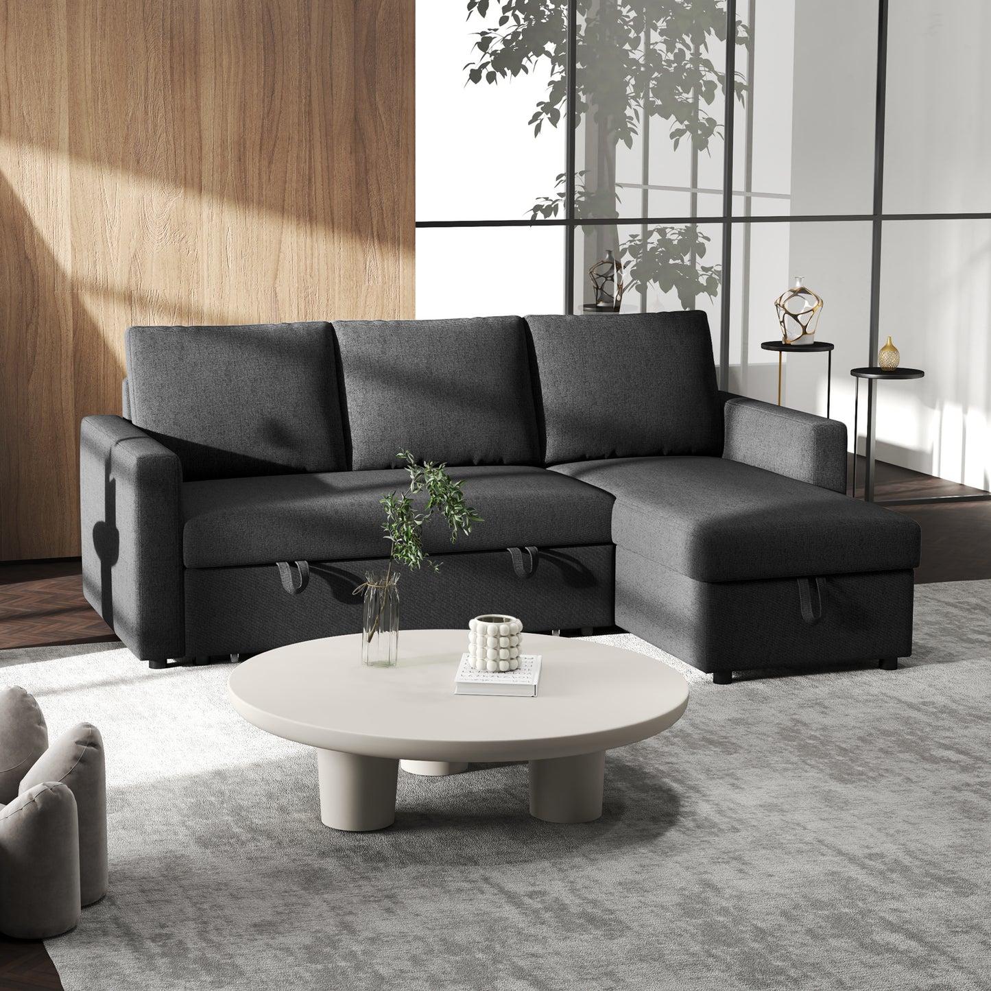Hoekbankbed – Slaapbank – Bedbank – Loungesofa – Hoekbank – Omkeerbare Chaise Longue – Opbergruimte – Zwart Linnenstof