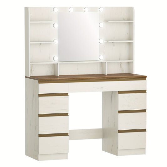 Jewelry Storage Cabinet, Bedroom Accessories Organizer with LED Lighting, 10 LED Bulbs, 3 Colors, Adjustable Brightness, Vanity with Mirror, 9 Drawers, 9 Open Shelves, Modern Style, Jewelry Armoires - QUORE