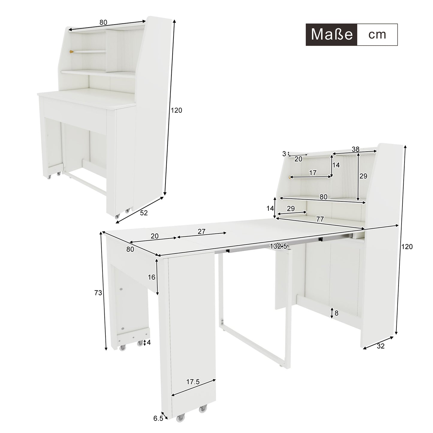 Uitschuifbare Eettafel – Uitklapbare Tafel – Opbergtisch – Salontafel – Multifunctionele Eettafel – Wit – Inklapbaar van 52 tot 132,5 cm – Met Stofdichte Opbergruimte