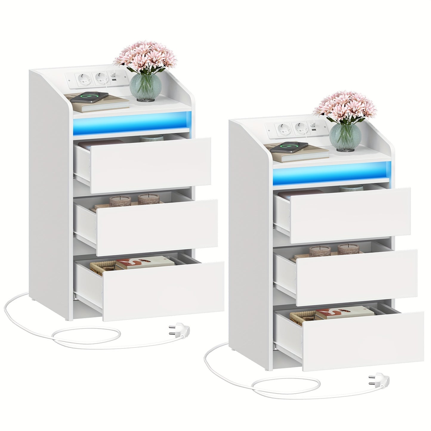 Nachtkastjes – Bedside Table – Nachtkastje Set – Opbergkastje – Bijzettafel – Met Oplaadstation en LED-verlichting – 2 AC Stopcontacten & 2 USB-poorten – Wit – 3 Lades – 35x40x68 cm