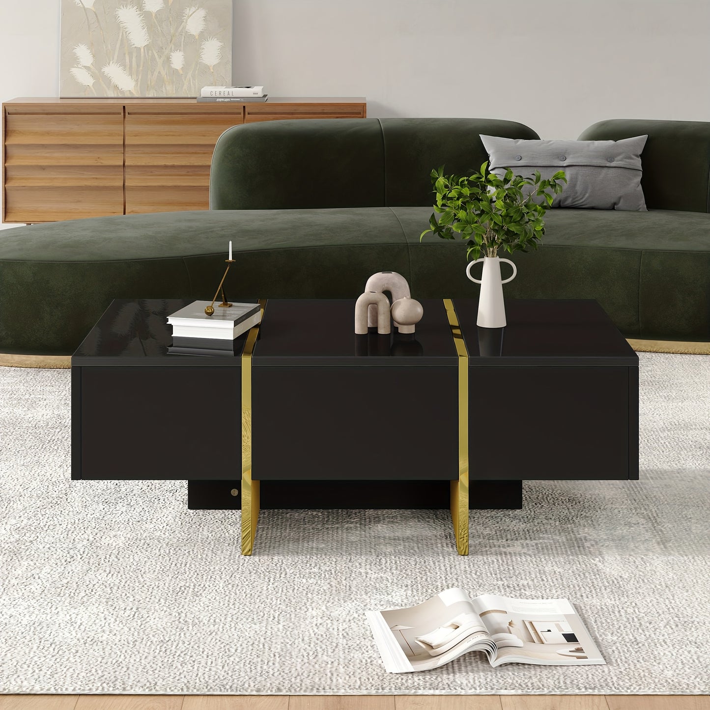 Salontafel – Koffietafel – Woonkamertafel – Bijzettafel – Uitschuifbare Tafel – Zwart – 4 Lades – Gouden Poot – Multifunctioneel – Laag Profiel